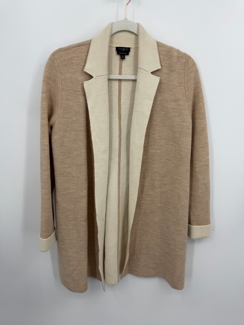 Talbots Pure Merino Wool Ivory Knit Open Long Line Cardigan Sweater SP Petite Sm
